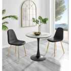 Furniture Box Elina White Marble Effect Round Dining Table and 2 Black Corona Gold Leg Chairs