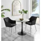 Furniture Box Elina White Marble Effect Round Dining Table and 2 Black Calla Silver Leg Chairs