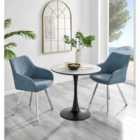 Furniture Box Elina White Marble Effect Round Dining Table and 2 Blue Falun Silver Leg Chairs