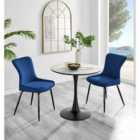 Furniture Box Elina White Marble Effect Round Dining Table and 2 Blue Nora Black Leg Chairs