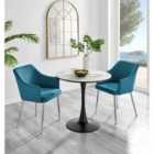 Furniture Box Elina White Marble Effect Round Dining Table and 2 Blue Calla Silver Leg Chairs