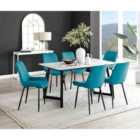 Furniture Box Carson White Marble Effect Dining Table and 6 Blue Pesaro Black Leg Chairs