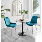 Furniture Box Elina White Marble Effect Round Dining Table and 2 Blue Pesaro Silver Chairs