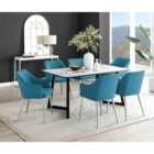 Furniture Box Carson White Marble Effect Dining Table and 6 Blue Calla Silver Leg Chairs