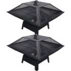 Two Outdoor Metal Garden Fire Pit Baskets With BBQ Barbecue Grill + Safety Mesh