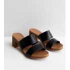Black Leather-Look Double Strap Mid Block Heel Sandals