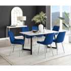 Furniture Box Carson White Marble Effect Dining Table and 6 Navy Pesaro Silver Chairs