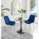 Furniture Box Elina White Marble Effect Round Dining Table and 2 Navy Pesaro Silver Chairs
