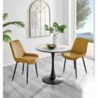 Furniture Box Elina White Marble Effect Round Dining Table and 2 Mustard Pesaro Black Leg Chairs