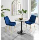 Furniture Box Elina White Marble Effect Round Dining Table and 2 Navy Pesaro Gold Leg Chairs