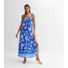 Blue Leaf Print Strappy Maxi Dress