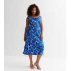 Curves Blue Floral Cowl Neck Midi Dress