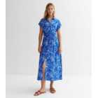 Blue Floral Drawstring Midi Shirt Dress