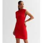 Red Jersey High Neck Sleeveless Mini Dress