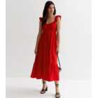 Red Shirred Frill Midi Dress