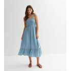 Blue Denim Shirred Tiered Midi Dress
