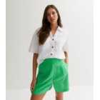 Green Linen Blend High Waist Formal Shorts