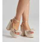 South Beach Cream Linen-Look Platform Block Heel Sandals