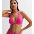 Bright Pink Ribbed Monogram Halter Bikini Top