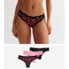 3 Pack Black and Pink Heart Lips Print Lace Trim Thongs