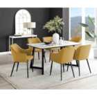 Furniture Box Carson White Marble Effect Dining Table and 6 Mustard Calla Black Leg Chairs