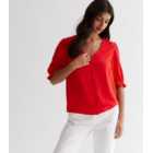 Red Frill Sleeve Button Front Blouse