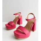 Wide Fit Bright Pink Leather-Look 2 Part Platform Block Heel Sandals