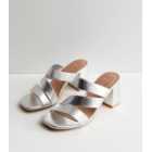 Wide Fit Silver Asymmetric Block Heel Mule Sandals