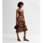 Brown Floral Strappy Midi Dress