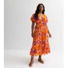 Curves Orange Floral Wrap Midi Dress