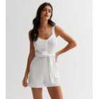 White Textured Belted Playsuit