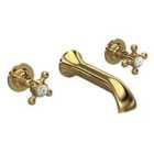 Hudson Reed Brass Topaz With Crosshead 3 Tap Hole Wall Mounted Basin Mixer - Brushed Brass