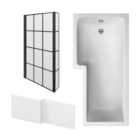 Square L Shape Shower Bath Bundle with Left Hand Tub, Hinged Screen with Fixed Return & Front Panel - 1700mm - Black - Balterley