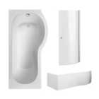 P Shape Shower Bath Bundle with Right Hand Tub, Screen with Knob & Front Panel - 1700mm - White/Chrome - Balterley