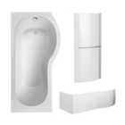 P Shape Shower Bath Bundle with Right Hand Tub, Screen with Towel Rail & Front Panel - 1700mm - White/Chrome - Balterley