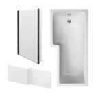 Square L Shape Shower Bath Bundle with Left Hand Tub, Hinged Screen with Fixed Return & Front Panel -1700mm - Black - Balterley