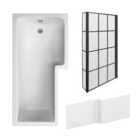 Square L Shape Shower Bath Bundle with Right Hand Tub, Hinged Screen with Fixed Return & Front Panel - 1700mm - Black - Balterley