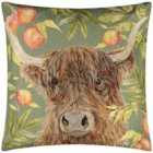 Evans Lichfield Grove Highland Cow Outdoor Polyester Filled Cushion Olive