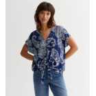 Blue Paisley Tie Front Short Sleeve Top
