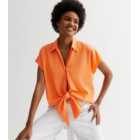 Bright Orange Linen Blend Tie Front Shirt