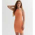 Girls Orange Ribbed Halter Mini Dress