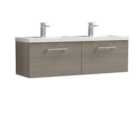 Nuie Arno 1200mm Wall Hung 2 Drawer Vanity & Double Polymarble Basin Solace Oak