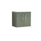 Nuie Arno 600mm Wall Hung 2 Door Vanity & Sparkling White Laminate Top Satin Green