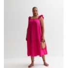 Curves Bright Pink Poplin Tiered Frill Sleeve Midi Dress