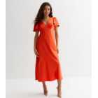 Petite Orange Satin Flutter Sleeve Midi Dress
