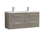 Nuie Arno 1200mm Wall Hung 4 Drawer Vanity & Double Polymarble Basin Solace Oak