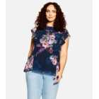 City Chic Curves Navy Floral Frill Sleeve Top