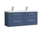 Nuie Deco 1200mm Wall Hung 4 Drawer Vanity & Double Polymarble Basin - Satin Blue