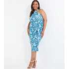 QUIZ Curves Turquoise Floral Halter Neck Dress