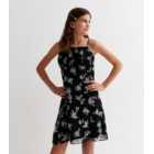 Girls Black Floral Ruched Strappy Mini Dress